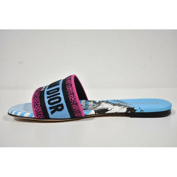 Christian Dior Dway D Jungle Blue Black Embroidered Logo Slide Flat Sandal 36 - Picture 8 of 12